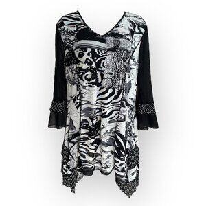 Mirror Image Black White Flowy Handkerchief Tunic Blouse 3/4 sleeves Large